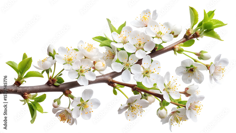 Obraz premium A delicate branch of cherry blossoms with white flowers isolated on transparent background, symbolizing spring