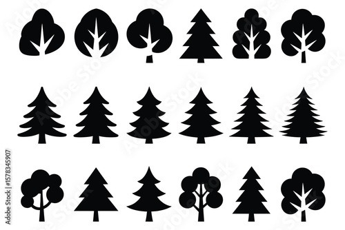 Black tree silhouettes deciduous and coniferous trees