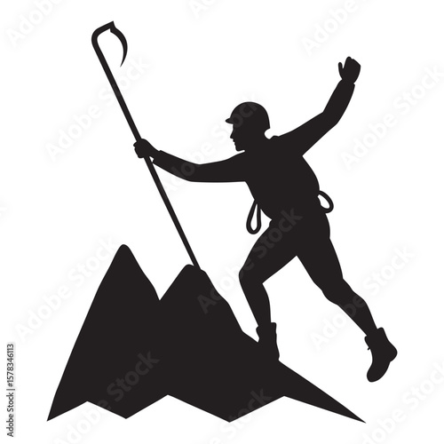 Silhouette of a determined mountain climber reaching a summit against a vibrant sky