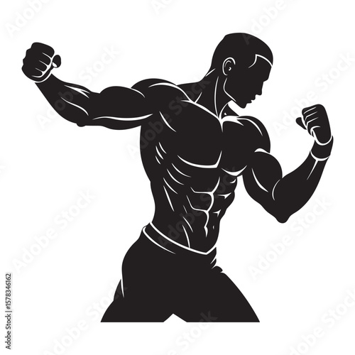 Dynamic silhouette of a muscular boxer in action ready to strike