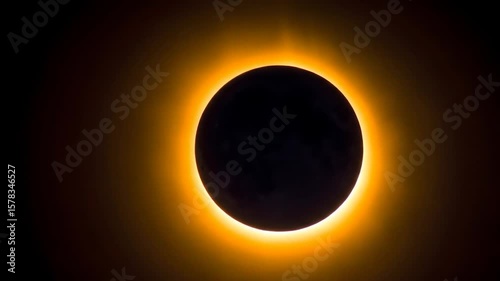 Total eclipse, black disk surrounded by fiery, radiant corona on a black background