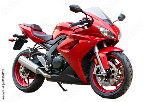 A vibrant red motorcycle is isolated on transparent background, highlighting its sporty design and powerful features