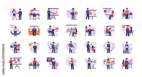 Collection of flat illustrations depicting various business professionals engaged in presentations and meetings, showcasing diverse work scenarios.