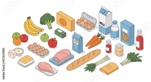 Isometric Food Shopping Illustration Groceries for Healthy Eating