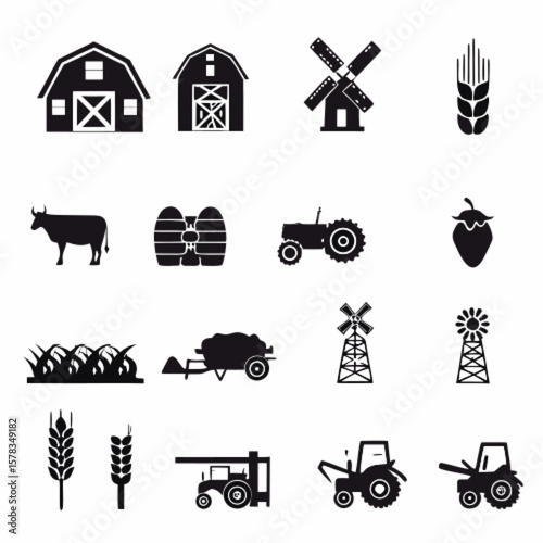Illustration of farm related elements including animals, buildings, nature and farming equipment items |eps vectors set silhouette