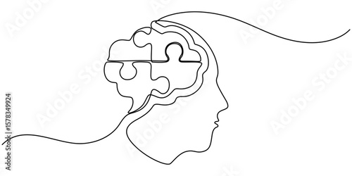 Head with puzzle pieces in one line drawing. Solving psychological challenges and finding balance, Alzheimer s day simple background, web banner, poster with brain and puzzle. One continuous line draw