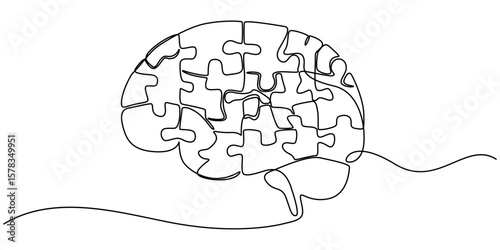 Head with puzzle pieces in one line drawing. Solving psychological challenges and finding balance, Alzheimer s day simple background, web banner, poster with brain and puzzle. One continuous line draw
