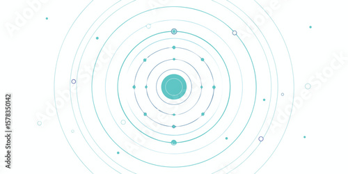 Vector art of an abstract atomic structure with orbiting particles on a clean white background.