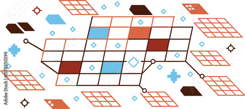 Vector art of abstract grid network with colorful squares and geometric shapes representing data flow.