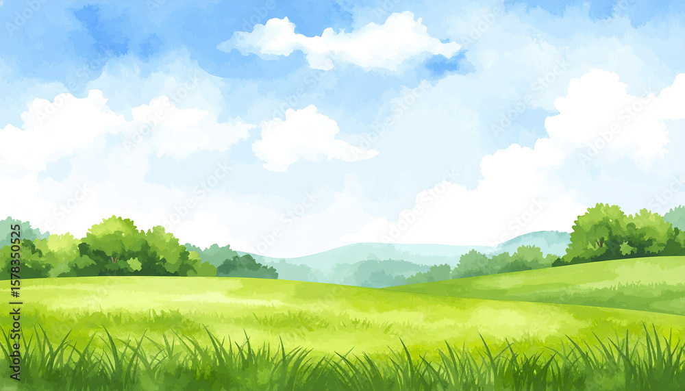 Obraz premium Green grass field with blue sky and white clouds in bright summer day