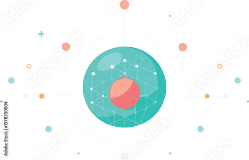 Vector art of a vibrant abstract illustration of a glowing blue sphere with a red center, connected by lines and dots.