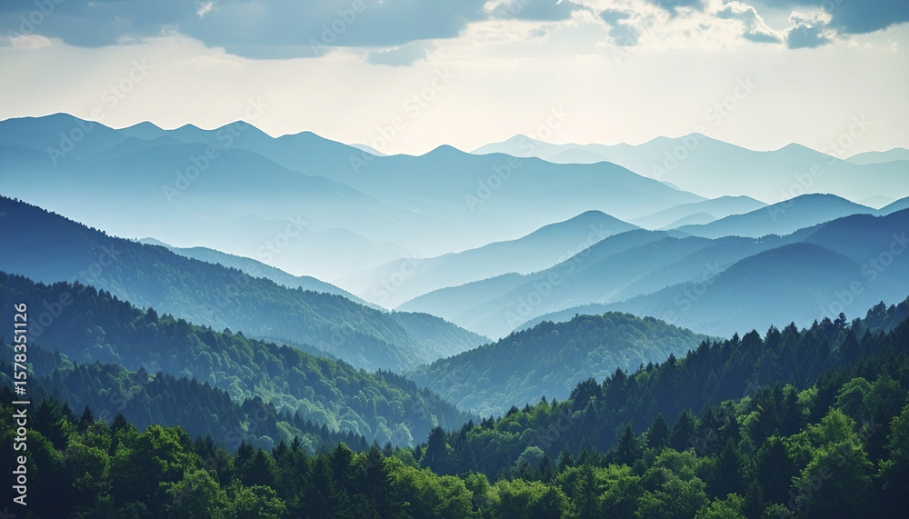 Obraz premium Mountain forest landscape with layers of misty hills under cloudy sky