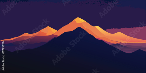 Vector art of majestic mountain range bathed in the warm glow of a vibrant sunset.