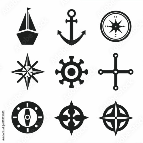 Simple 9 set of Sea Gadget  related , small  yatch, anchor, compos, Direction tool, Virus sign  vector icons