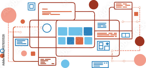 Vector art of an abstract diagram illustrates a complex interconnected system with various data points and processes.