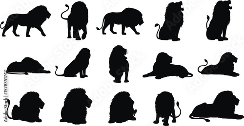 Collection of lion silhouettes in various poses against a white background display