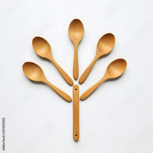 A unique artful wooden spoon arranged in a visually appealing manner. The close-up captures the textures of wood and arrangement.