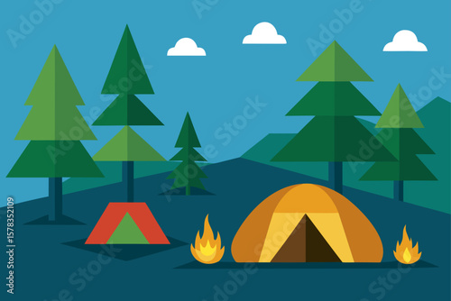 Forest Campground with Tents and Fire Pit