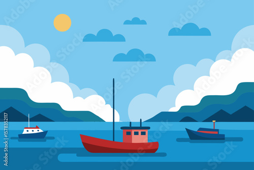 Calm Bay with Fishing Boats and Cloudy Sky