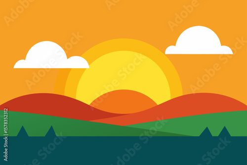 Flat Vector Sunrise Over The Prairie