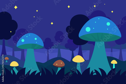 Forest Scene With Glowing Mushrooms At Night