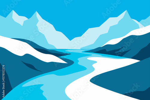 Glacial Valley With River And Snowbanks
