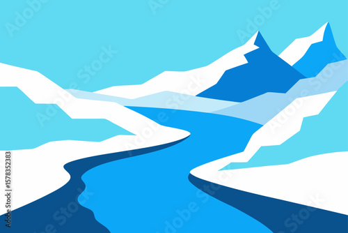 Glacial Valley With River And Snowbanks