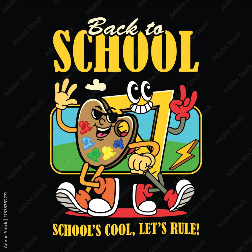 Fototapeta premium triangle ruler and watercolor palette back to school characters walking together in a retro comic illustration