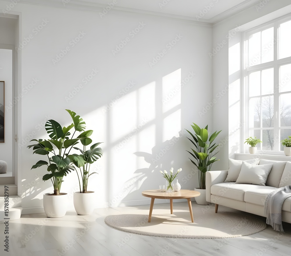 Fototapeta premium Scandinavian Living Room Design with Green Plants