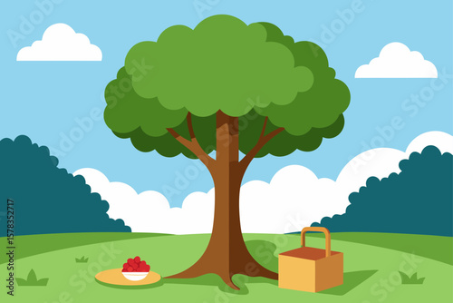 peaceful picnic spot under oak tree
