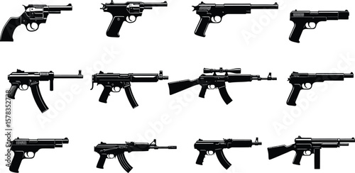 Collection of various black and white firearms including pistols and rifles on white