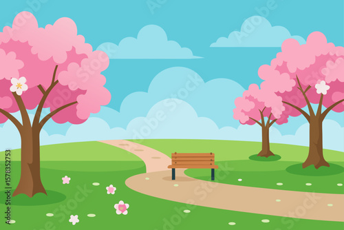 quiet park in spring with blossoms and grass