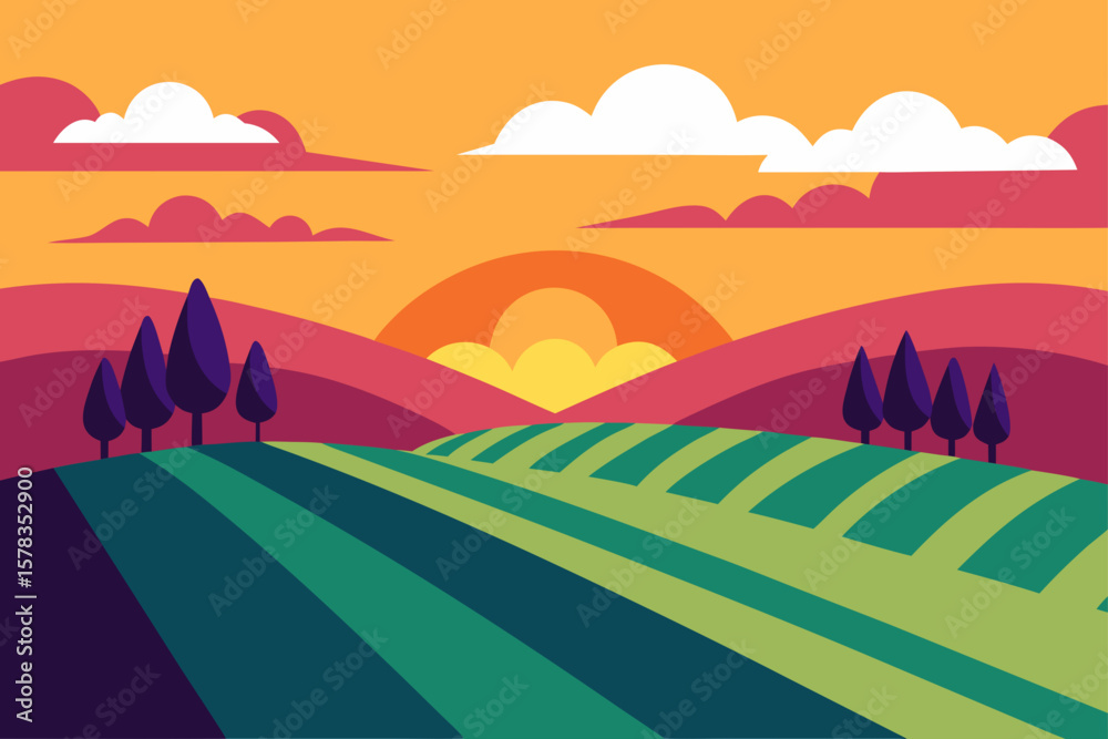 Obraz premium rolling vineyard landscape with sunset