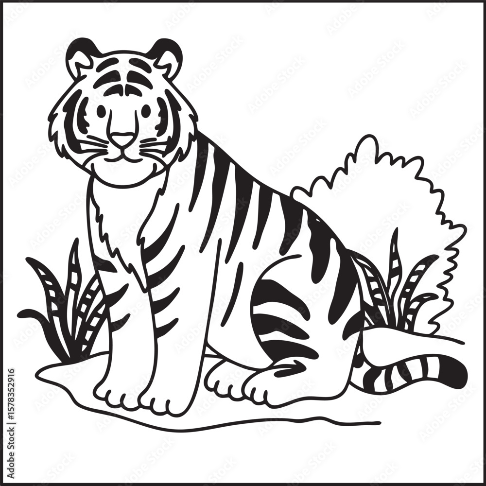 Fototapeta premium A stylized tiger sitting calmly in the jungle. Black and white outline illustration for an animal coloring page.