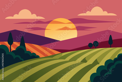 rolling vineyard landscape with sunset