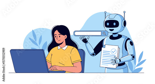 Woman and Robot Working Together - AI Assistant Helping with Search