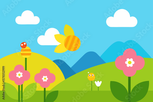 springtime landscape with bees and blooms