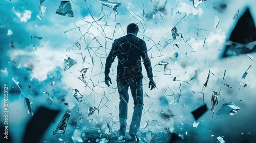 man stepping through shards of broken glass