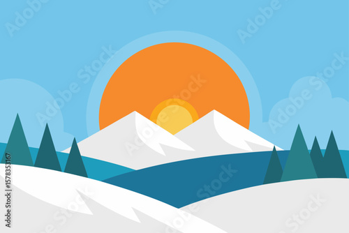 winter sunrise over snow covered hills