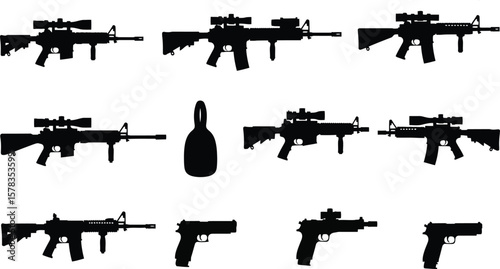 A collection of rifle and pistol silhouettes with a bag in a grid on a white background