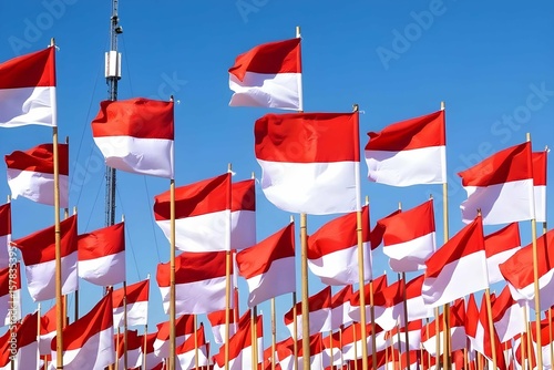 Many Indonesia red and white flags waving under blue sky