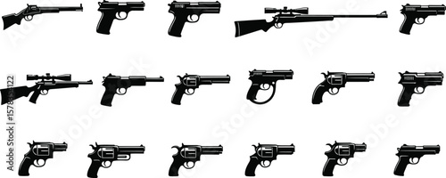 A collection of black and white gun silhouettes isolated on a white background pattern