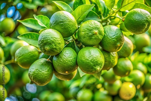 Bunch of green limes hanging from a tree