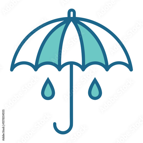 Teal and white umbrella illustration with two raindrops and a dark teal outline on white background