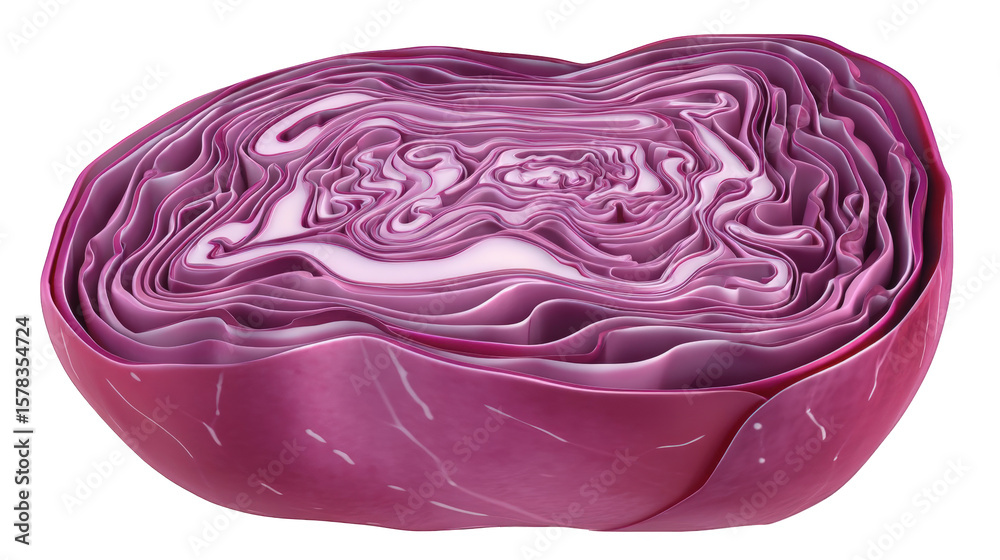 Fototapeta premium Half cut red cabbage reveals intricate layers and textures against a clean, white background creating abstract shapes