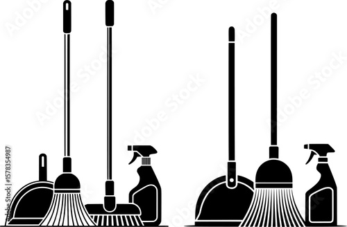 Bold black silhouette of broom, mop, dustpan, and cleaning spray bottle, perfect for housekeeping designs