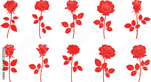 A pattern of ten red rose silhouettes with stems and leaves on a white background