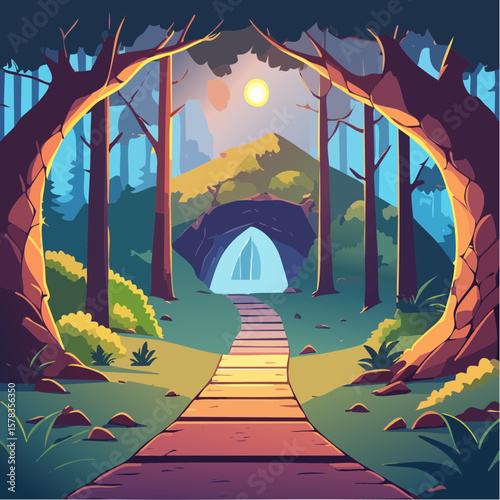 Magical forest path leading to glowing grotto