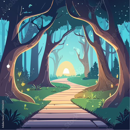 Magical forest path leading to glowing grotto