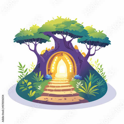 Magical forest path leading to glowing grotto